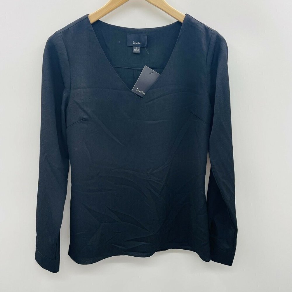 Lumiere Womens Size Small Long Sleeve Open Back Blouse V Neckline Black 1321